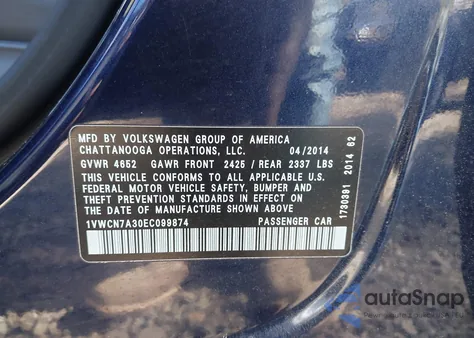 2014 Volkswagen Passat 2.0L Tdi Sel Premium из США, поврежденный, VIN 1VWCN7A30EC099874